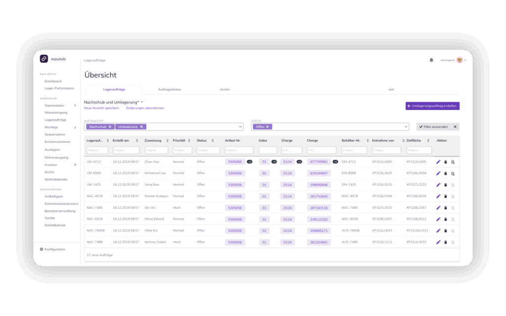 moviniti Übersicht der Lageraufträge