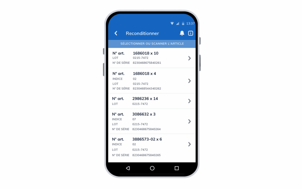Reconditionnement d’articles dans l’application moviniti avec informations article, lot et numéro de série