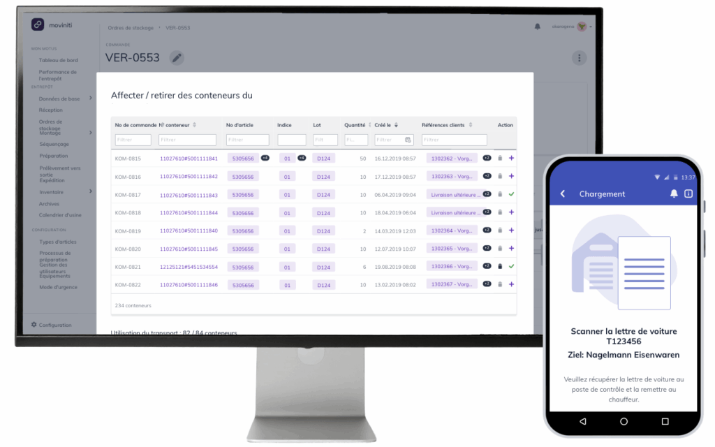 Vue de l’expédition dans l’application web moviniti avec scan mobile des documents de transport